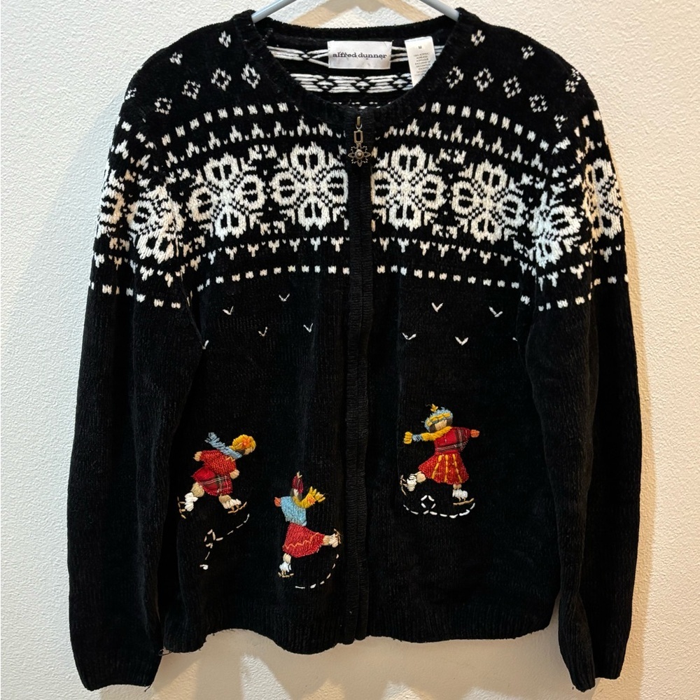 Alfred Dunner Embroidered Ice Skater Fair Isle Zip Cardigan M